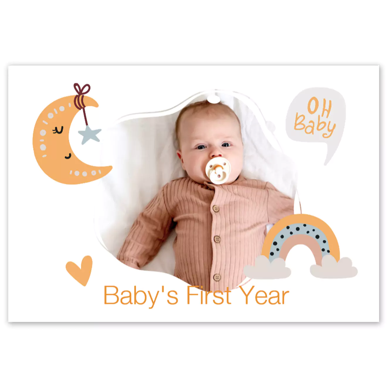 Hardcover baby photo album titled 'Baby's First Year' featuring a sleeping baby on the cover. The design includes cute illustrations of moons, stars, rainbows, and hearts in pastel colours. Ideal for baby shower gift ideas, personalised gifts in South Africa, and photo albums.