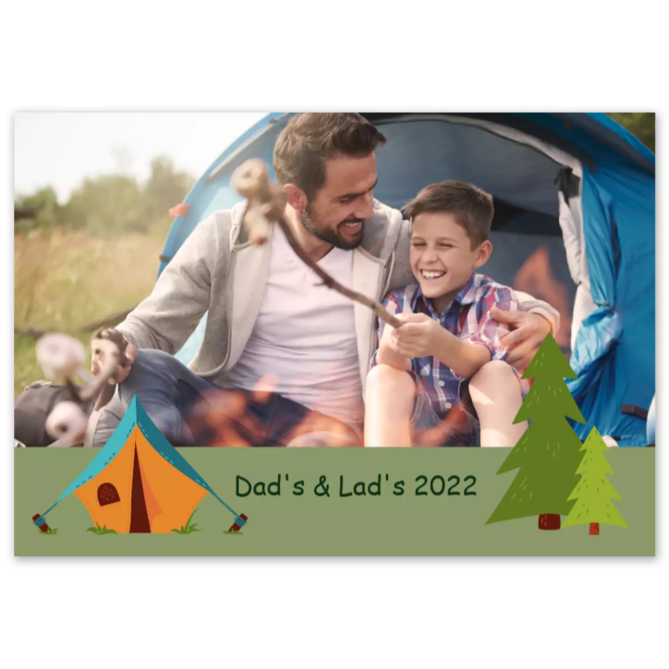 Hardcover camping-themed photo book featuring a cover image of a father and son sitting in front of a tent, with the text "Dad & Lad's 2024." The cover is decorated with illustrations of a tent and a tree, making it an ideal personalised gift for camping enthusiasts. Suitable for various occasions such as Christmas, Father's Day, or birthdays.