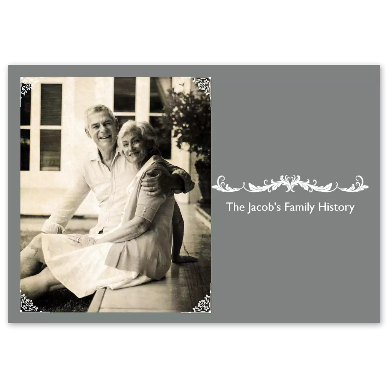 Elegant hardcover photo book titled 'The Jacob's Family History' featuring a grey cover with a vintage-style black and white photo of an elderly couple. Ideal for preserving family memories, this photobook makes a thoughtful gift for special occasions such as Christmas, birthdays, or anniversaries.