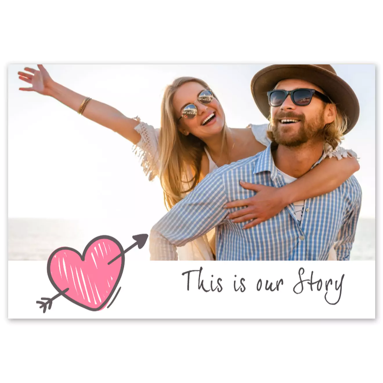 Hardcover photo book with a 'Love' theme, featuring a couple on the cover with a pink heart and arrow graphic. The text 'This is our Story' is written below the image. Ideal for personalised gifts, Valentine's Day, anniversaries, or special occasions. Perfect for creating a memorable photo album.