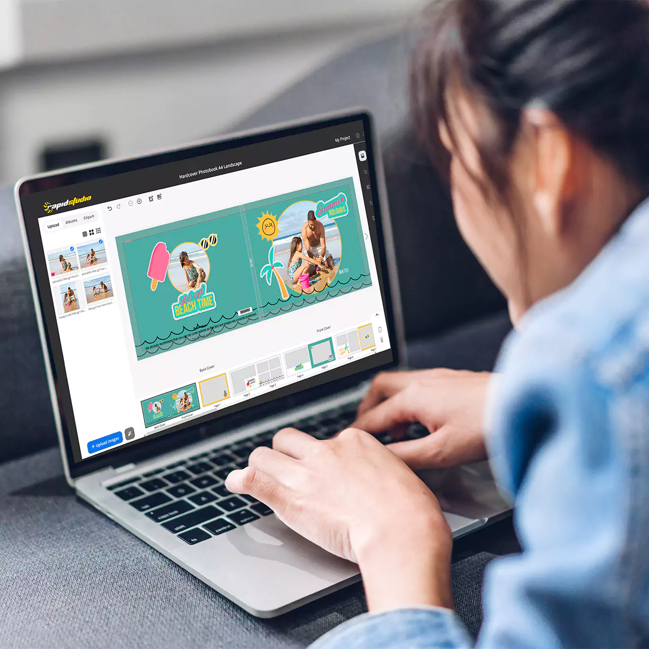 "Young woman in a yellow hoodie and headphones smiling while attending an online photobook workshop on her laptop. The image promotes 'Chantal's Free Photobook Workshop' with a circular banner featuring a photo of Chantal and text. The setting is a cosy living room with a sofa, bookshelf, and coffee table."