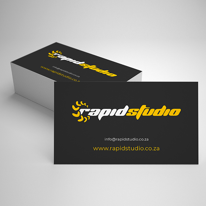 A stack of black business cards with a sleek design, featuring the "Rapid Studio" logo in yellow and white. The cards display contact information including an email address and website URL. Ideal for professional use and networking.