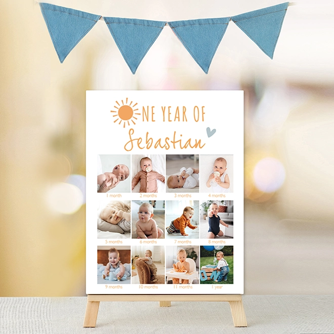 One Year of Baby personalised A1 canvas collage, capturing the milestone moments from your baby's first year, from their first smile to their first steps, arranged in a heartwarming display of growth and joy. 