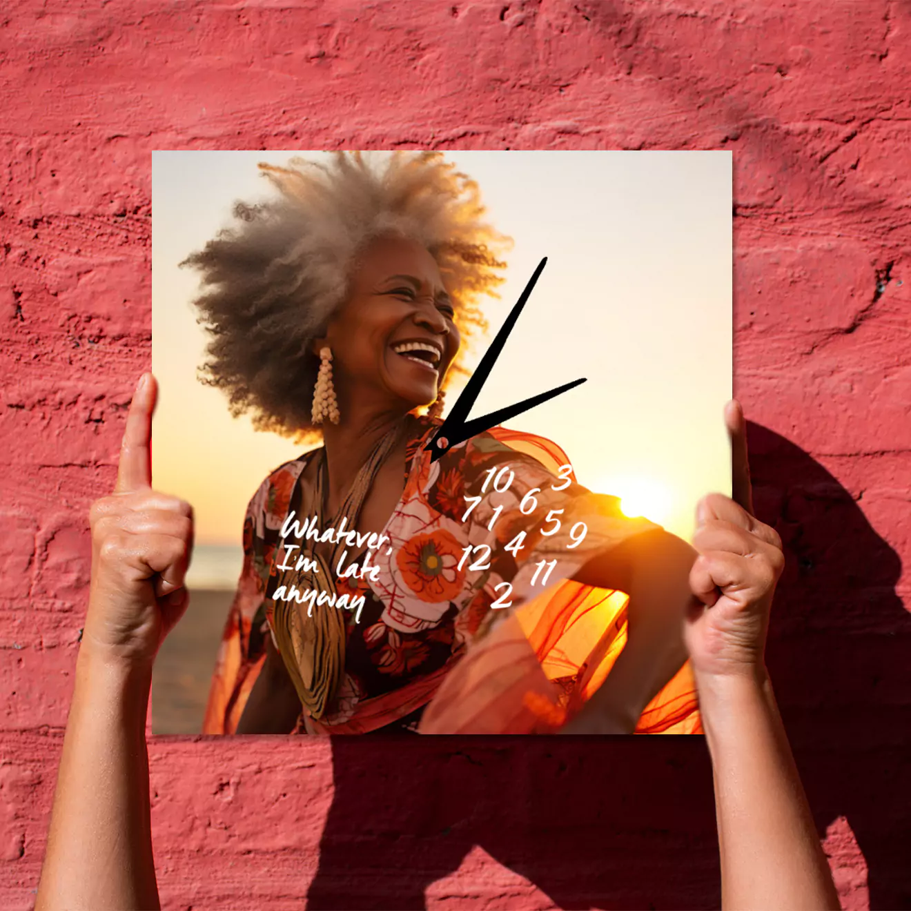 Square personalised wall clock featuring a vibrant photo of a joyful woman against a sunset backdrop. The clock has black hands and white numbers with the humorous phrase "Whatever, I'm late anyway" written on it. Ideal as a unique gift idea for various occasions.