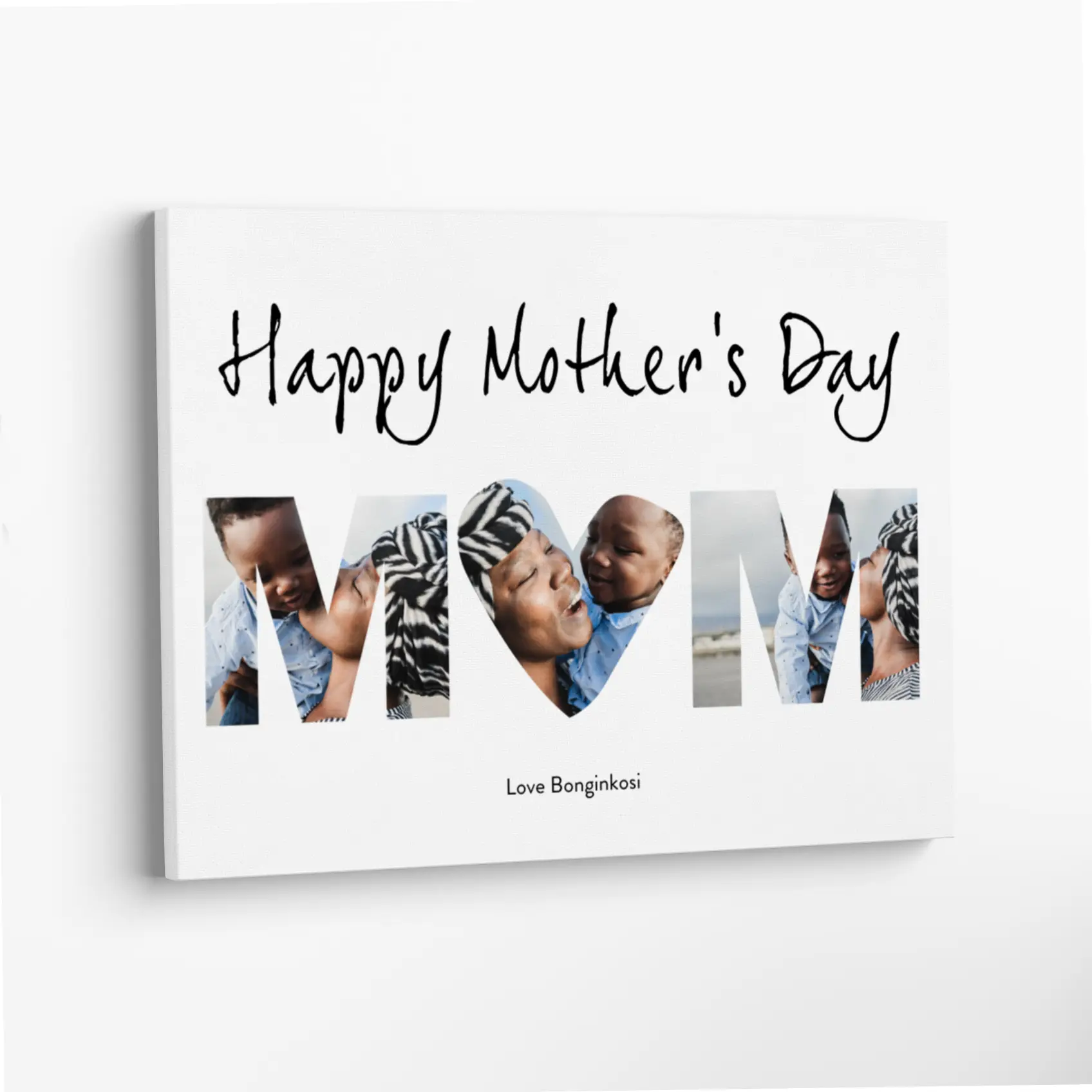 "Personalised Mother's Day photo canvas featuring the word 'MOM' with heart-shaped photo cutouts and the text 'Happy Mother's Day' above. Customisable with a personal message, making it a perfect gift idea for Mother's Day. Ideal for displaying cherished family photos."