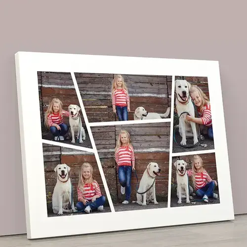 "Personalised photo canvas featuring a collage of a young girl and a dog against a wooden background. The canvas is divided into multiple sections, each showcasing different poses and moments. Ideal for gifts for her, baby shower gift ideas, or Christmas gifts."