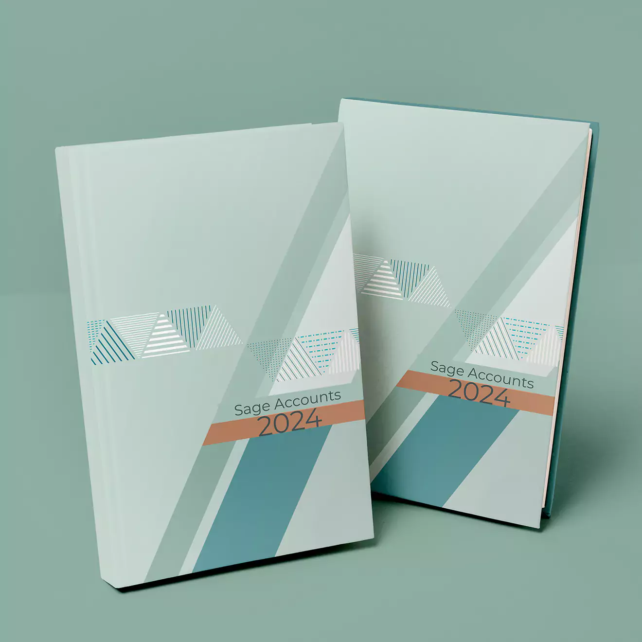 Two 2024 Sage Accounts diaries with a modern geometric design in shades of grey, teal, and orange. The diaries feature a sleek, minimalist cover, making them ideal for professional use or as thoughtful gifts for men, dads, or colleagues. Perfect for staying organised in the new year.