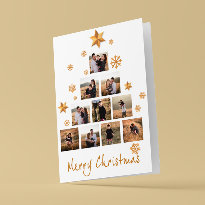 Christmas-themed greeting card featuring a collage of family photos arranged in a tree shape, adorned with gold stars and snowflakes. The card has a white background with ''Merry Christmas'' written in gold cursive at the bottom. Ideal for personalised Christmas gifts.