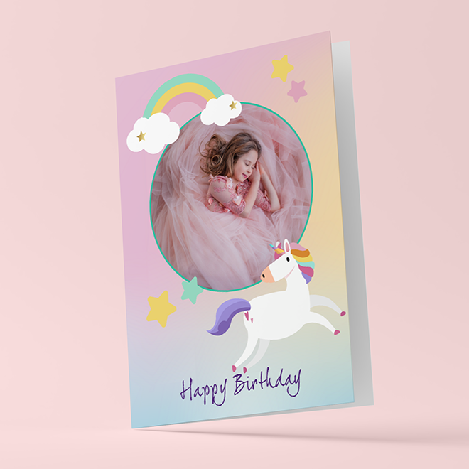 Print your own Unicorn birthday card online with RapidStudio 