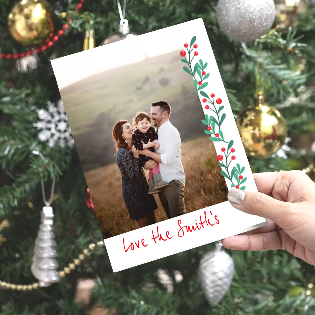 Image of a custom Christmas card featuring a family portrait, beautifully designed to capture the essence of the holiday season and share personal greetings with loved ones.