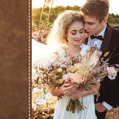 A photobook or album cover with a romantic outdoor wedding scene featuring a bride holding a bouquet of flowers and a groom in a suit, embracing each other lovingly. The image has a brown textured border on the left side.