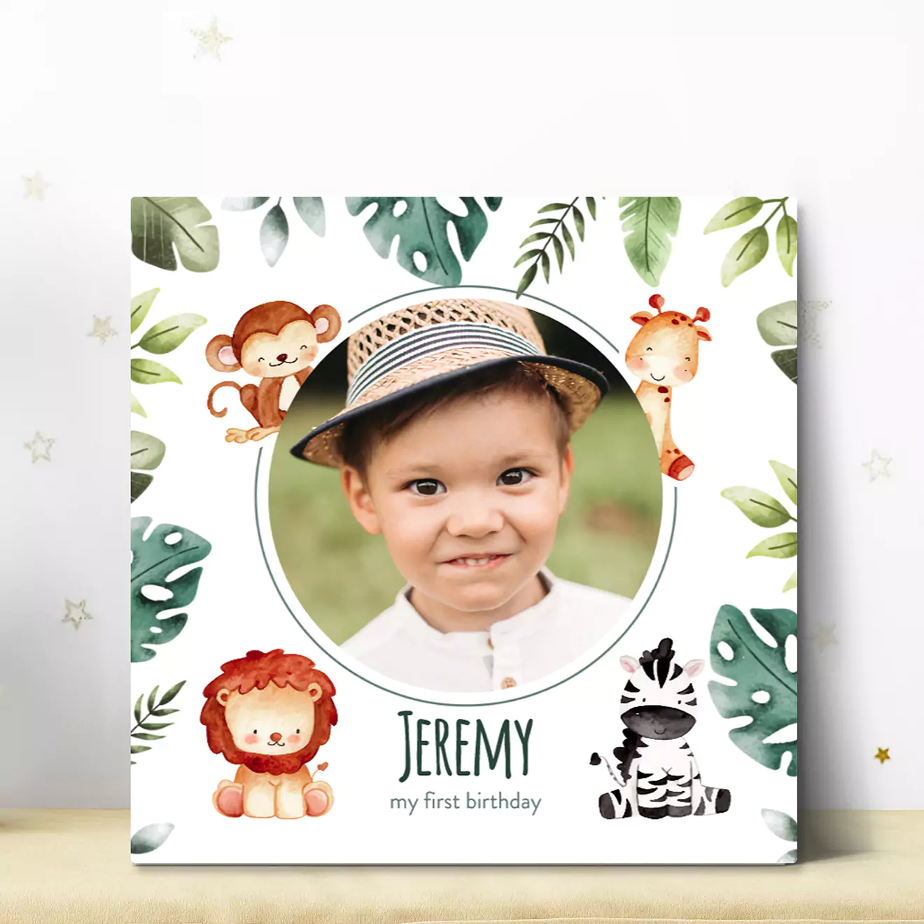 Birthday Safari themed personalised 84cm square canvas collage, adorned with cute cartoon animals celebrating in a jungle setting. Perfect for capturing the wild fun of a birthday, this piece brings together whimsical illustrations of lions, elephants, and giraffes, making it an ideal gift for children or anyone who loves animal adventures.