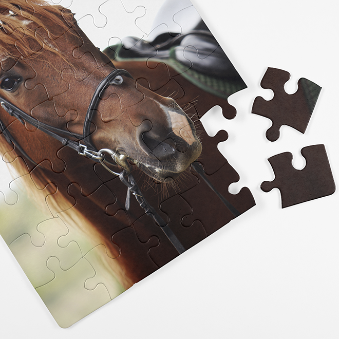 Close-up image of a partially completed jigsaw puzzle featuring a detailed photograph of a brown horse with a bridle. The puzzle pieces are scattered, with a few pieces detached on a white surface. Ideal for personalised gifts, photo albums, or unique gift ideas for various occasions.