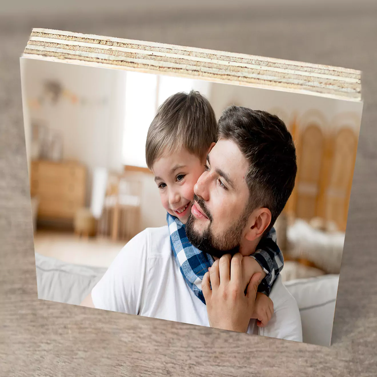 Personalised wooden photo block featuring a heartwarming image of a father and son embracing. The block has a natural wood finish and a high-quality print, making it a perfect gift for Father''s Day, birthdays, or as a sentimental home decor piece. Ideal for personalised gifts in South Africa.