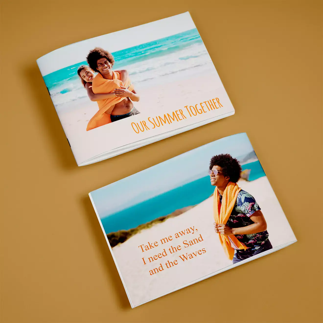 Two personalised photo books with beach-themed covers. The top book features a photo of a couple at the beach with the text "Our Summer Together." The bottom book shows a person at the beach with the text "Take me away, I need the Sand and the Waves." Ideal for gifts and keepsakes.