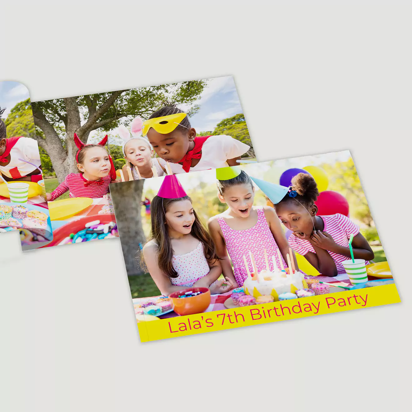 Personalised photo book featuring colourful images from a child's 7th birthday party. The cover displays children in party hats gathered around a birthday cake with candles. Ideal for capturing special memories, this photo book makes a thoughtful gift for birthdays and other celebrations.