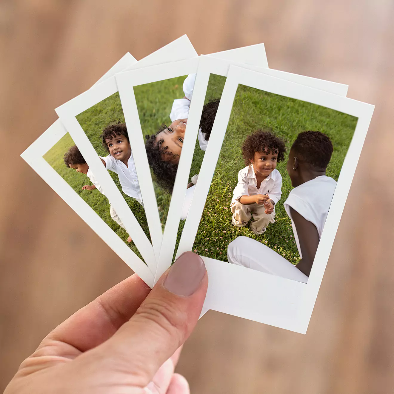 Mini Prints set of 60, resembling small Polaroids, personalised to feature your favourite photos. These charming snapshots are perfect for creating a nostalgic look, ideal for scrapbooking, decorating, or sharing special moments with friends and family.