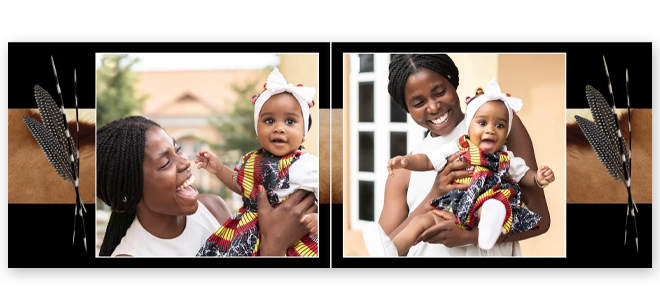 African-themed photobook featuring vibrant images of a mother and baby in traditional attire. The pages are adorned with African motifs, including spears and earthy tones. Ideal for personalised gifts, baby shower gift ideas, or as a unique photo album book.