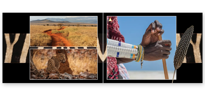 African-themed photobook featuring vibrant images of African landscapes, wildlife, and cultural elements. The left page showcases a scenic savannah with a winding path and a leopard, while the right page highlights traditional beaded jewelry on a person''s arm. Ideal for personalised gifts, photo albums, and unique keepsakes.