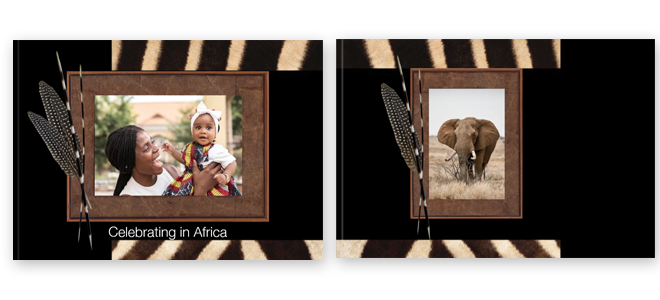 African-themed photobook cover featuring a zebra print background and wooden frames. The left frame showcases a smiling woman holding a baby, with the text ''Celebrating in Africa'' below. The right frame displays an image of an elephant in the wild. Ideal for personalised gifts, photo albums, and special occasions.