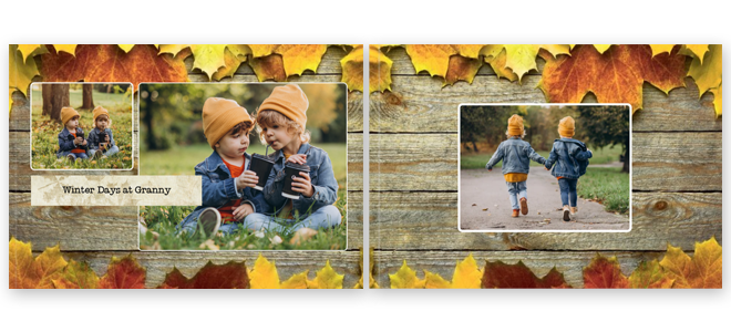 Autumn-themed photobook cover featuring two children in warm clothing, surrounded by vibrant autumn leaves. The background has a rustic wooden texture, and the pages display photos of the children playing outdoors. Ideal for personalised gifts, photo albums, and special occasions.