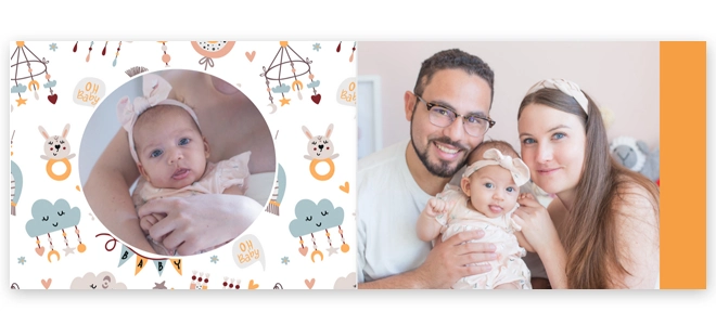 A personalised photobook featuring a baby-themed design with whimsical illustrations of clouds, animals, and baby toys. The cover displays a circular photo of a baby, and the inside page shows a family portrait with parents holding their baby. Ideal for baby shower gift ideas and photo albums.