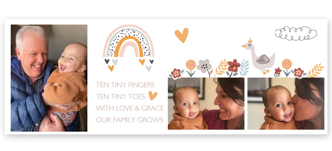 Personalised photo book with a baby theme, featuring images of a baby with family members. The design includes a rainbow, hearts, flowers, and a goose illustration, along with the text "Ten tiny fingers, ten tiny toes, with love & grace our family grows." Ideal for baby shower gift ideas or as a keepsake.