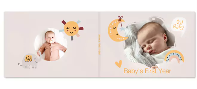 Baby''s First Year photo album cover featuring a pastel design with cute sun, moon, and rainbow illustrations. The cover showcases two photos of a baby, one awake and one sleeping. Ideal for baby shower gift ideas, personalised gifts in South Africa, and photo books.