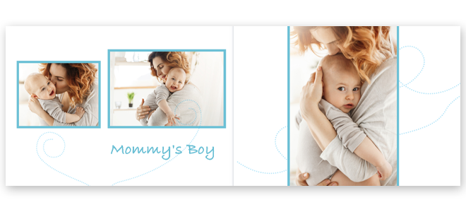 Open photobook with a "Mommy's Boy" theme, featuring a white background with light blue curls. The left page displays two photos of a mother holding her baby, bordered in blue, with the text "Mommy's Boy" beneath them. The right page features a single larger photo of the mother and baby. Ideal for personalised gifts in South Africa, baby shower gift ideas, and photo albums.