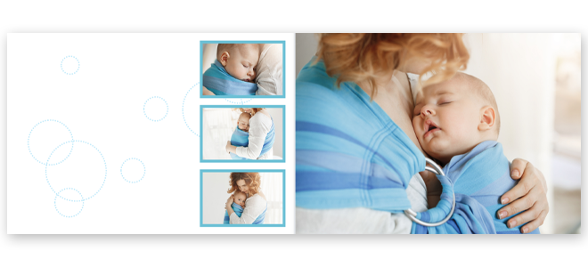 Open photobook with a "Blue Curls" theme, featuring a mother holding a sleeping baby wrapped in a blue blanket. The left page has three smaller photos of the baby and mother, while the right page displays a larger image of the same. Ideal for baby shower gifts or personalised photo albums.