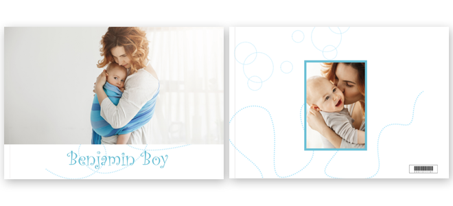 Personalised photo book with a ''Blue Curls'' theme cover, featuring a mother holding her baby on the front cover and a close-up of the baby on the back cover. The text ''Benjamin Boy'' is displayed in blue cursive on the front. Ideal for baby shower gifts or keepsakes.