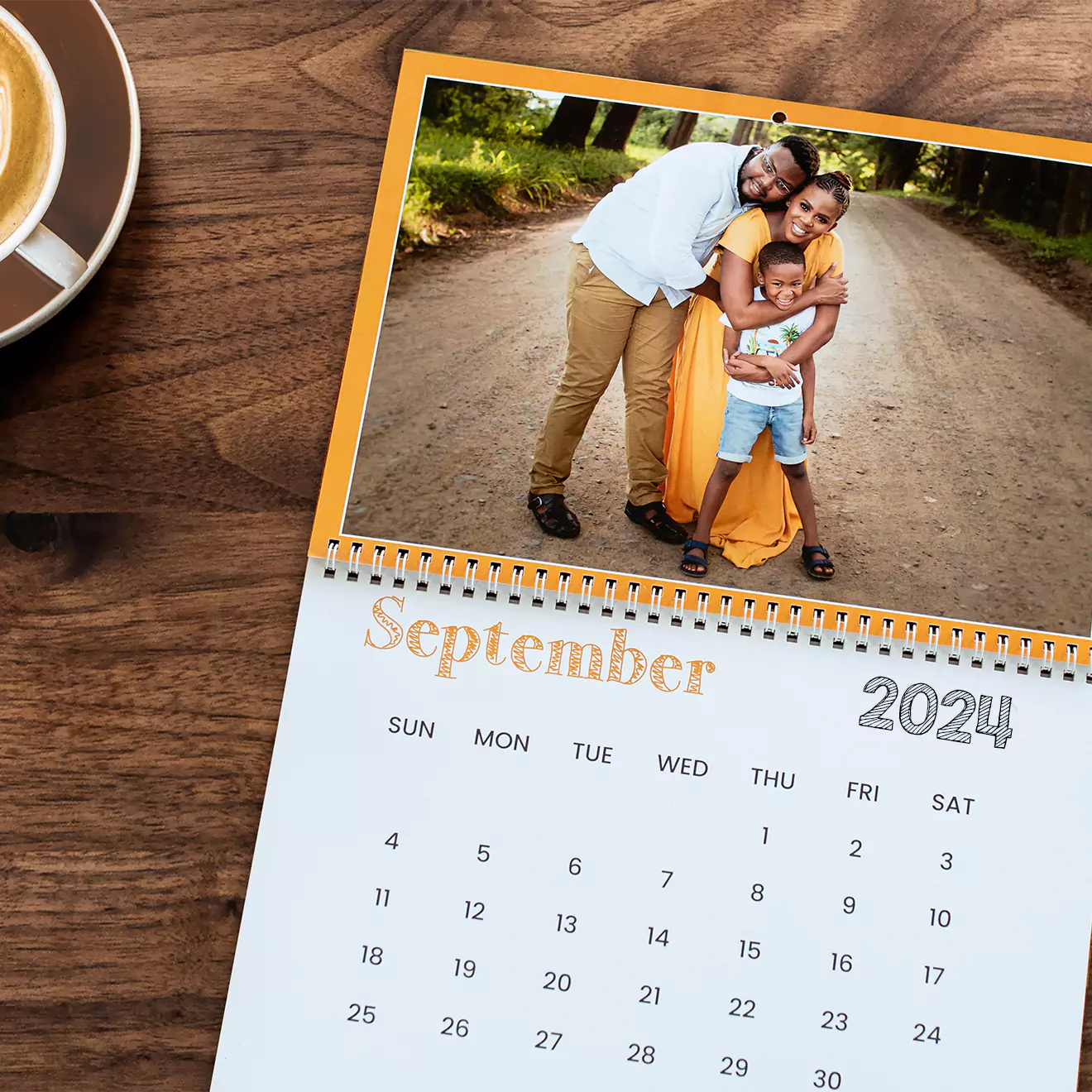 Double A4 personalised wall calendar, designed with your chosen photos on the top half and dates on the other, blending cherished memories with everyday functionality for a unique and practical year-long display.