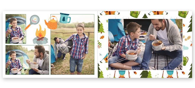 Personalised photobook with a camping theme, featuring images of a father and son enjoying outdoor activities. The pages include colourful camping-themed illustrations such as a campfire, kettle, and trees. Ideal for gifts for men, Christmas gifts, or photo albums.