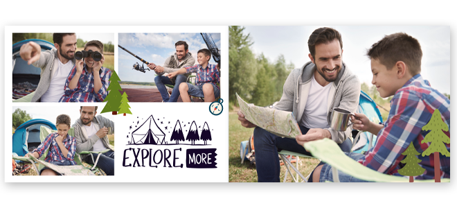 Personalised photobook with a camping theme, featuring images of a father and son enjoying outdoor activities like fishing, map reading, and exploring. The design includes playful camping graphics such as tents, trees, and the phrase "Explore More." Ideal for gifts for men, Christmas gift ideas, and personalised gifts in South Africa.