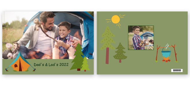 Personalised camping-themed photo book cover featuring a father and son enjoying a camping trip. The cover includes a green background with illustrations of a tent, trees, a campfire, and a cooking pot. Text reads ''Dad''s & Lad''s 2022''. Ideal for gifts for dad, photo albums, and personalised gifts in South Africa.