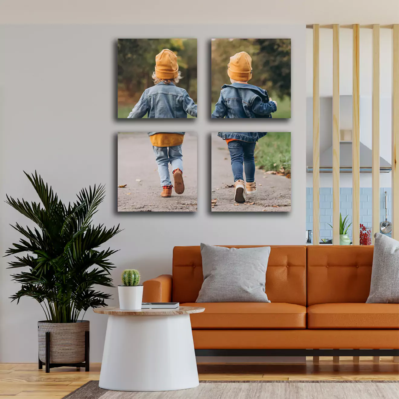 Four-piece canvas set artfully depicting two children walking, with each segment combining to form a continuous, captivating scene. Perfect for adding dynamic and youthful energy to any room in South Africa.