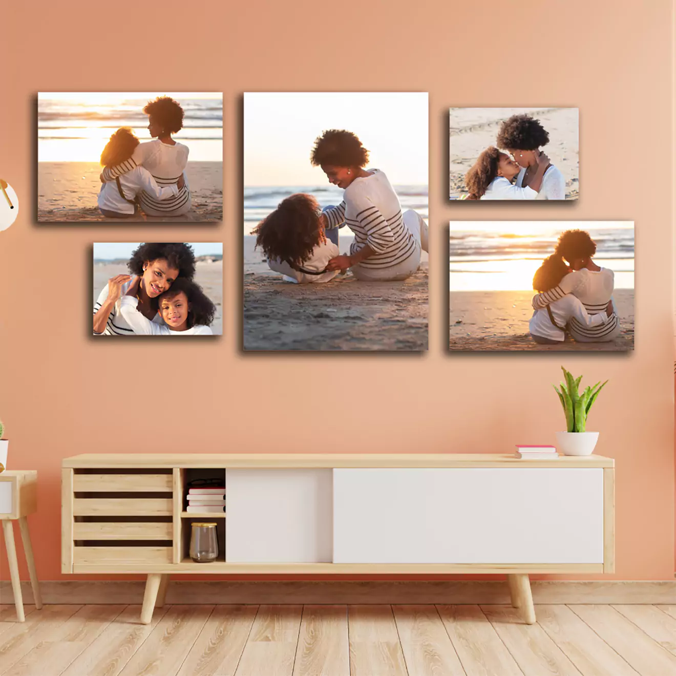 Five-piece special canvas set capturing a serene moment between a mother and child at the beach during sunset, ideal for adding a tranquil, picturesque touch to your decor. Affordable luxury for South African homes.