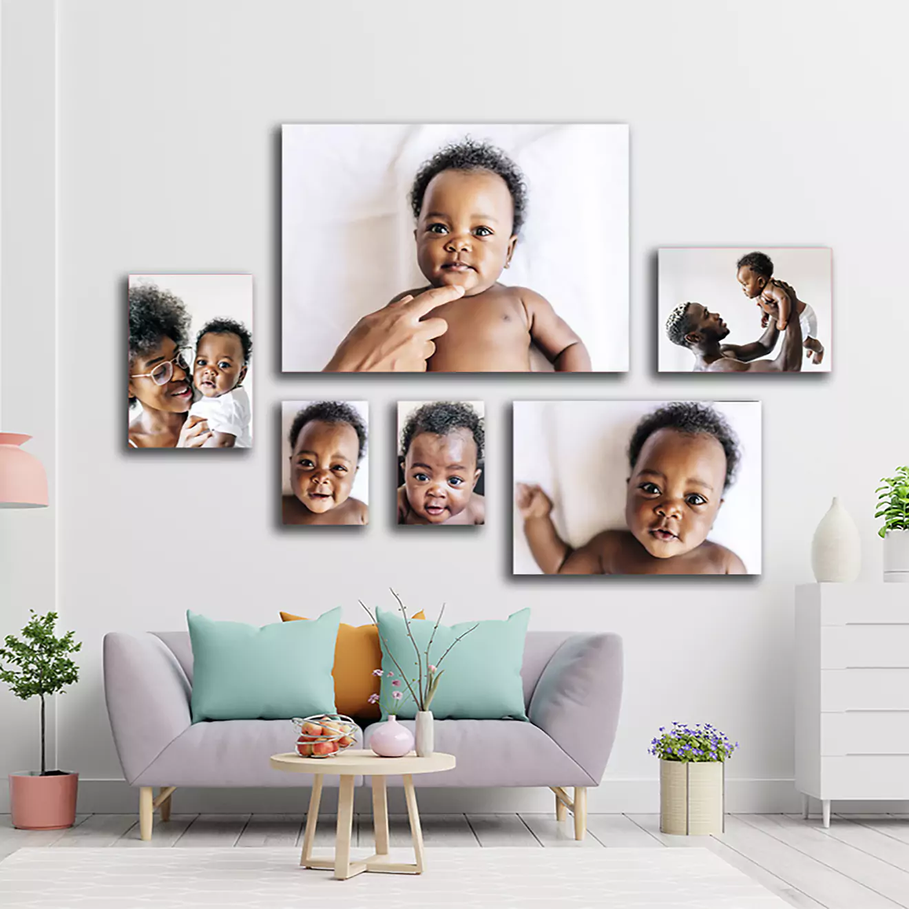 Charming six-piece medium canvas set featuring a family with a newborn, ideal for cherishing those precious early moments. Beautifully crafted, affordable canvases in South Africa.