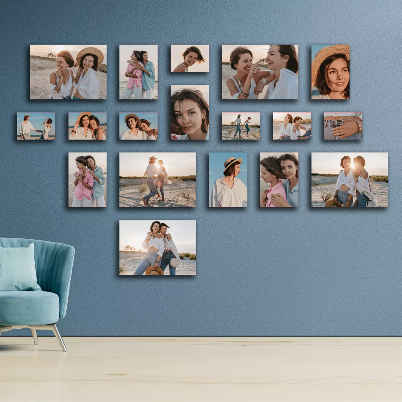 Expansive 18-piece canvas collection capturing romantic beach moments of a couple, perfect for adding a touch of romance and scenic beauty to any room. Affordable, expansive wall art available in South Africa.