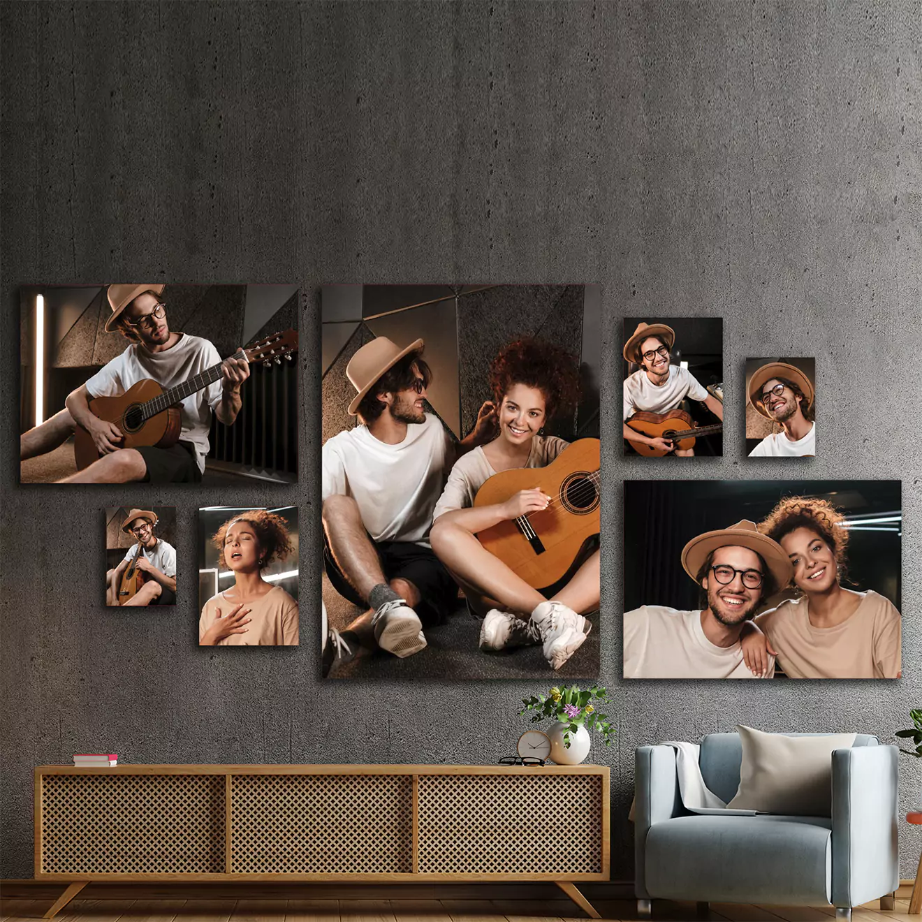 Luxurious seven-piece large canvas set showcasing a couple with a guitar, blending romance and music in artful decor. Ideal for enhancing the elegance of spacious rooms in South African homes.