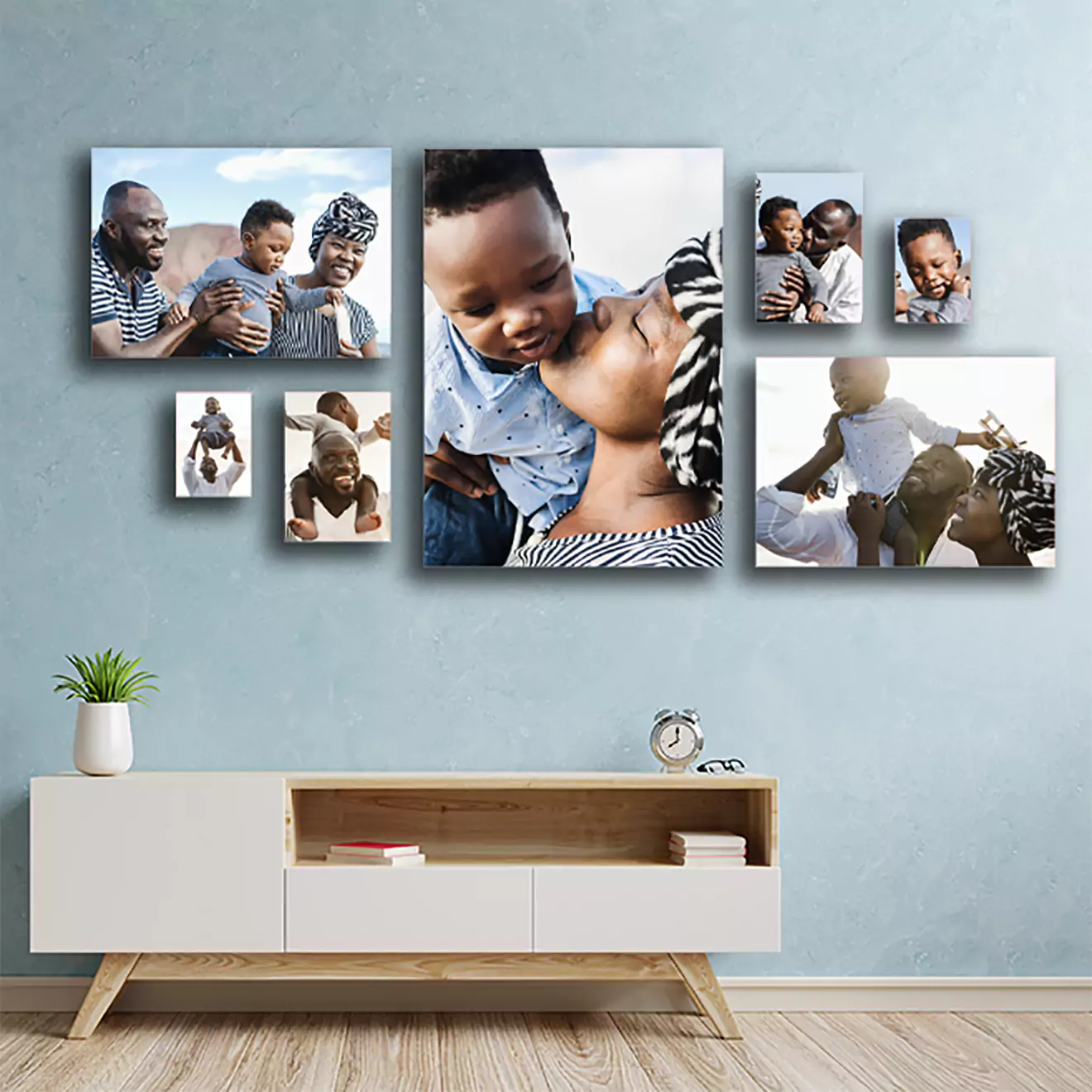 Medium-sized canvas set depicting a loving couple with their baby, designed to add warmth and family charm to any living space. Affordable, heartwarming art for South African homes.