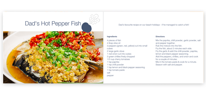 Personalised cookbook featuring a recipe for Dad''s Hot Pepper Fish, with a vibrant image of the dish garnished with green onions and red peppers on the left page. The right page lists ingredients and cooking directions. Ideal as a unique gift for food enthusiasts and home cooks.