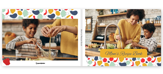 Colourful cookbook cover featuring a mother and child cooking together. The design includes a vibrant border with kitchen-themed illustrations and the title ''Mom''s Recipe Book'' on a yellow banner. Ideal for personalised gifts, photo albums, and family recipe collections.