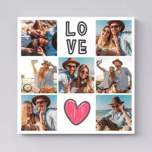 Love personalised canvas 30cm square collage, artistically designed to celebrate the essence of love through a heartfelt compilation of cherished moments, adorned with romantic motifs and tender visuals. A romantic gift.