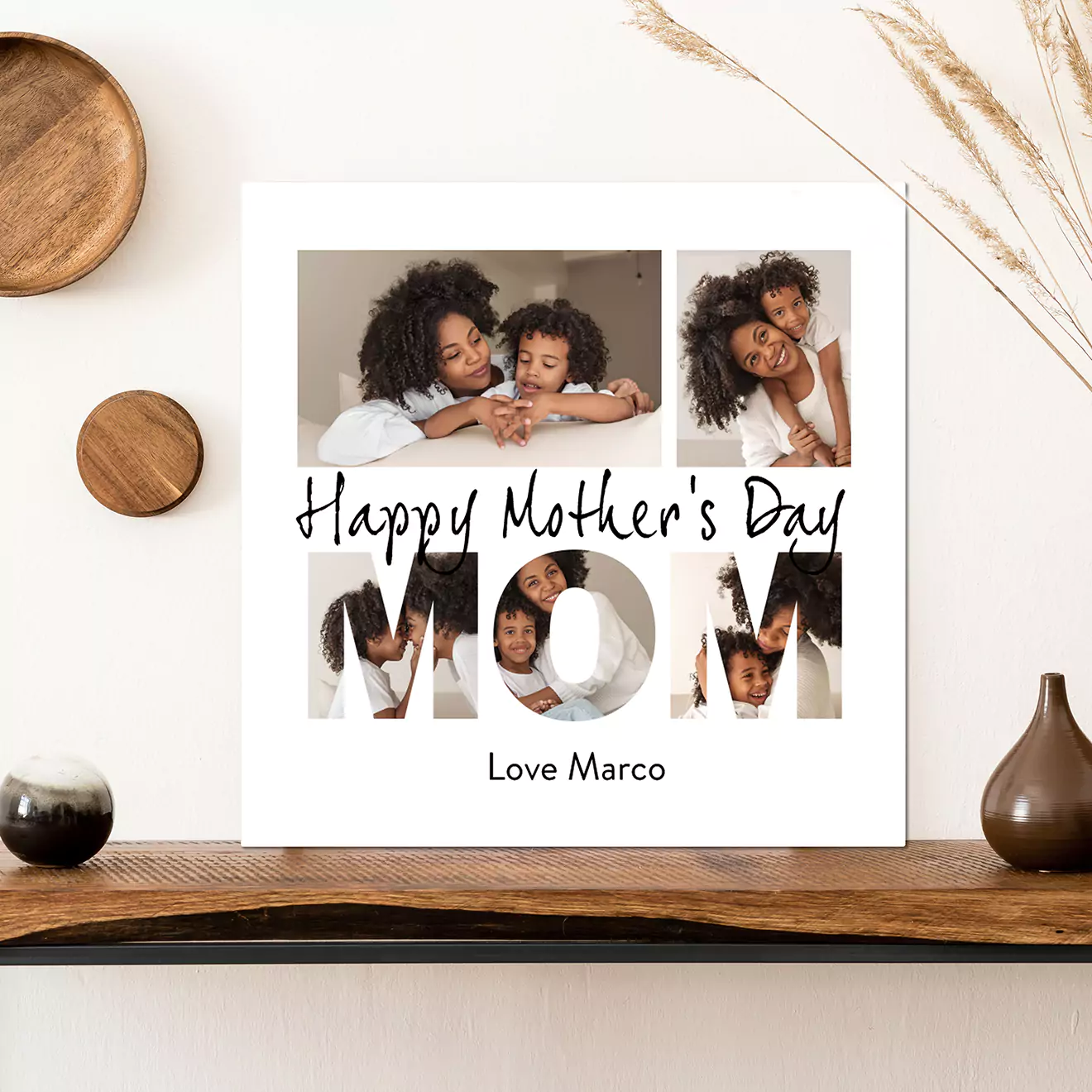 Mother's Day personalised 42cm square canvas collage, celebrating the irreplaceable bond with Mom through a collection of memories and loving quotes, designed to express gratitude and love on her special day. A great mothers day gift