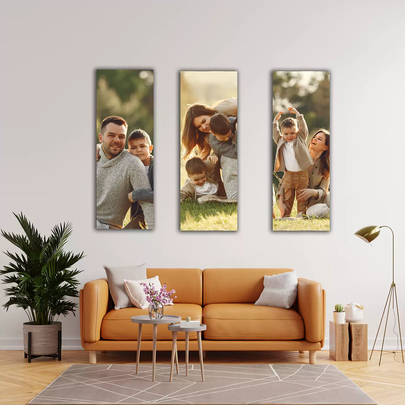 Value pack personalised canvas set of three half A0s, offering a unified look with custom imagery spread over three canvases. It's the most affordable way to fill your walls with personalised art, perfect for creating a feature wall that tells your story in a visually compelling way.