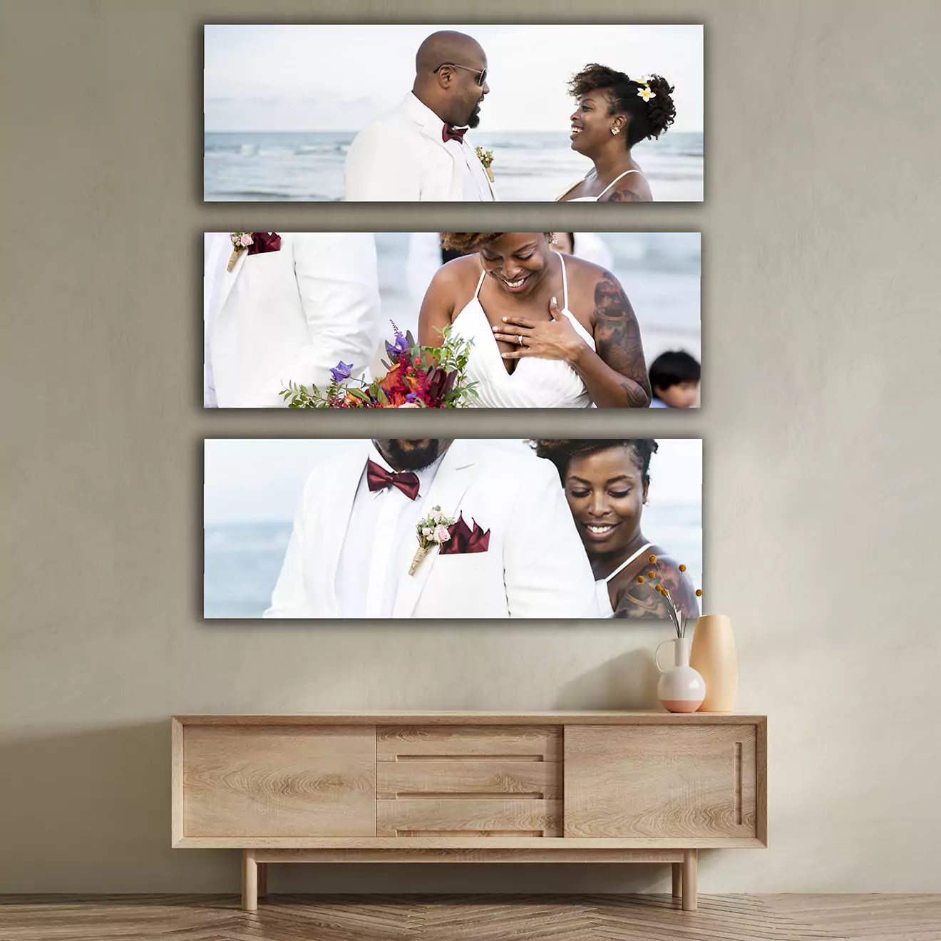 Value pack personalised canvas set of three half A0s, offering a unified look with custom imagery spread over three canvases. It's the most affordable way to fill your walls with personalised art, perfect for creating a feature wall that tells your story in a visually compelling way.