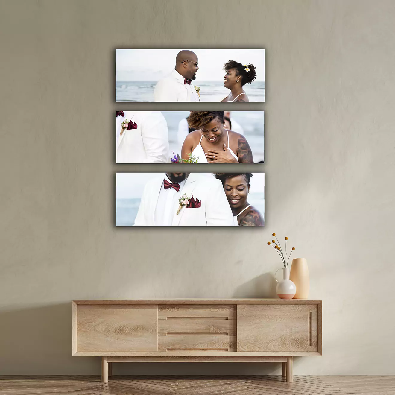 Value pack personalised canvas set of three half A1s, offering a unified look with custom imagery spread over three canvases. It's the most affordable way to fill your walls with personalised art, perfect for creating a feature wall that tells your story in a visually compelling way.