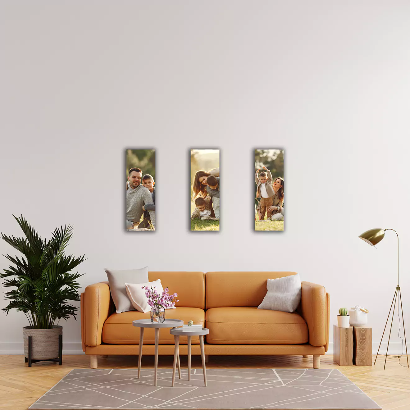 Value pack personalised canvas set of three half A2s, offering a unified look with custom imagery spread over three canvases. It's the most affordable way to fill your walls with personalised art, perfect for creating a feature wall that tells your story in a visually compelling way.