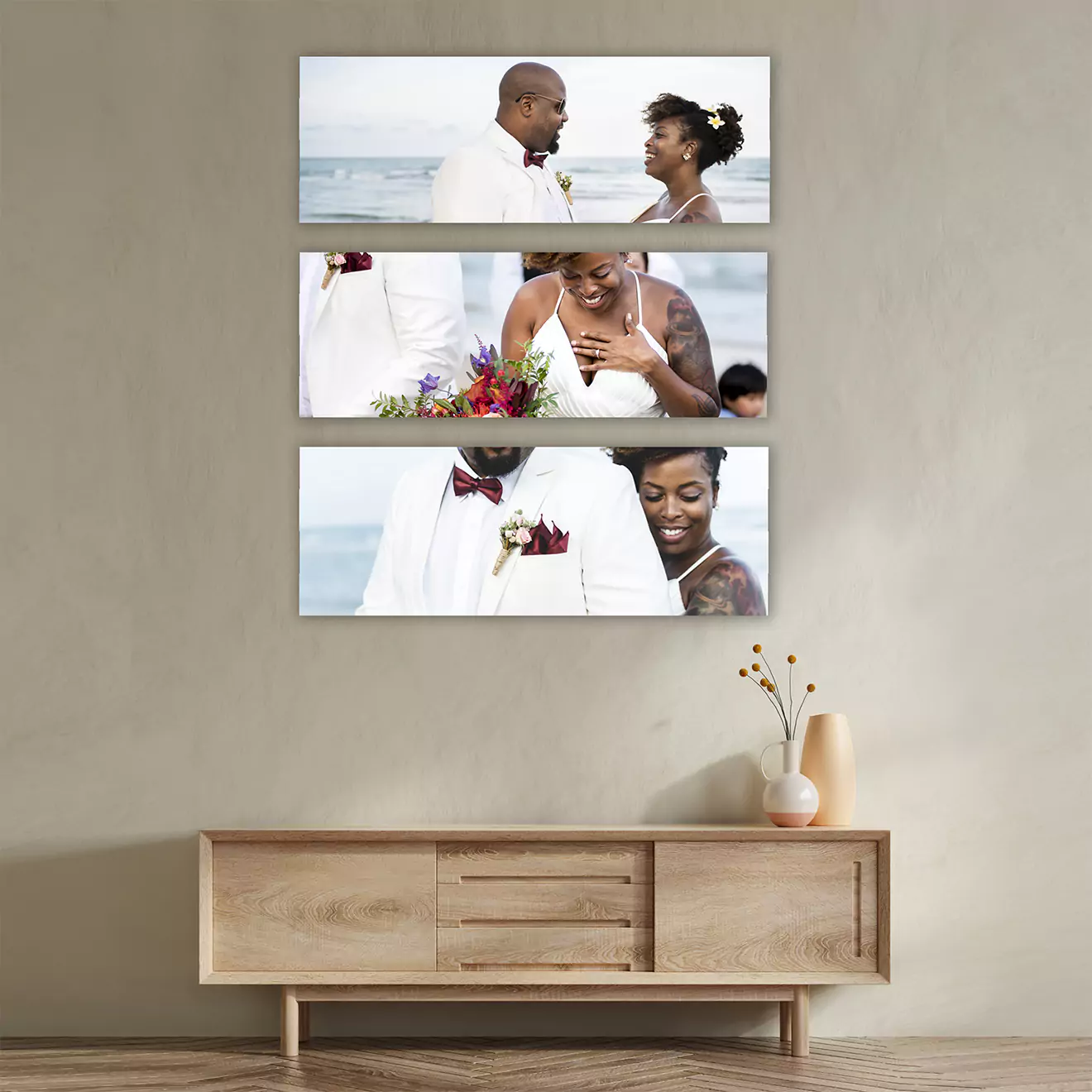 Value pack personalised canvas set of three half A2s, offering a unified look with custom imagery spread over three canvases. It's the most affordable way to fill your walls with personalised art, perfect for creating a feature wall that tells your story in a visually compelling way.